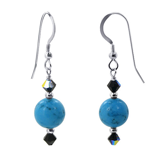 Blue Turquoise and Austrian Crystal 925 Sterling Silver Drop Earrings