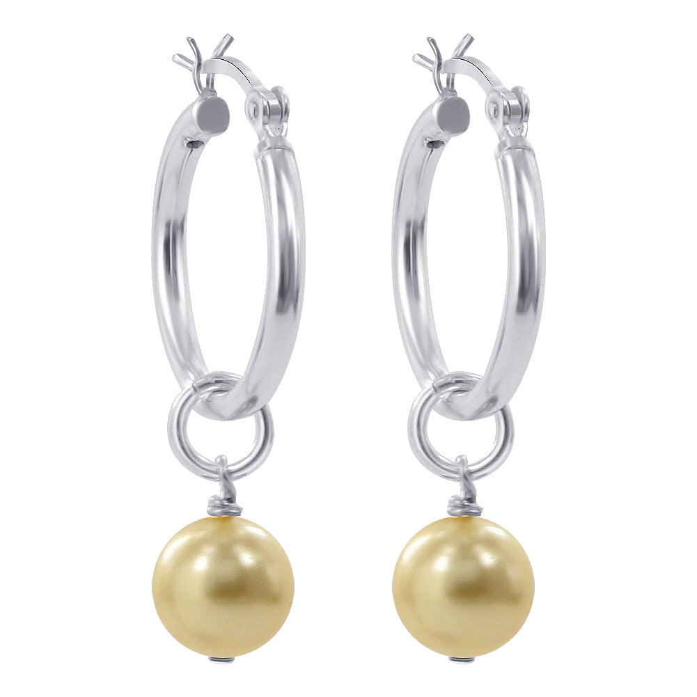 Yellow Faux Pearl 925 Sterling Silver Drop Hoop Earrings - Gem Avenue