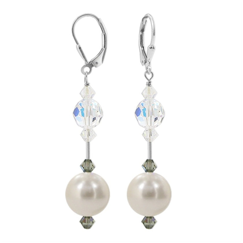 Faux Pearl Austrian Crystals 925 Sterling Silver Leverback Earrings - Gem Avenue