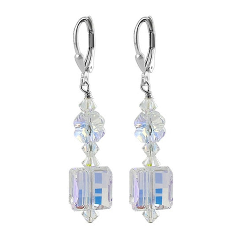 Clear AB Austrian Crystals 925 Sterling Silver Leverback Drop Earrings - Gem Avenue