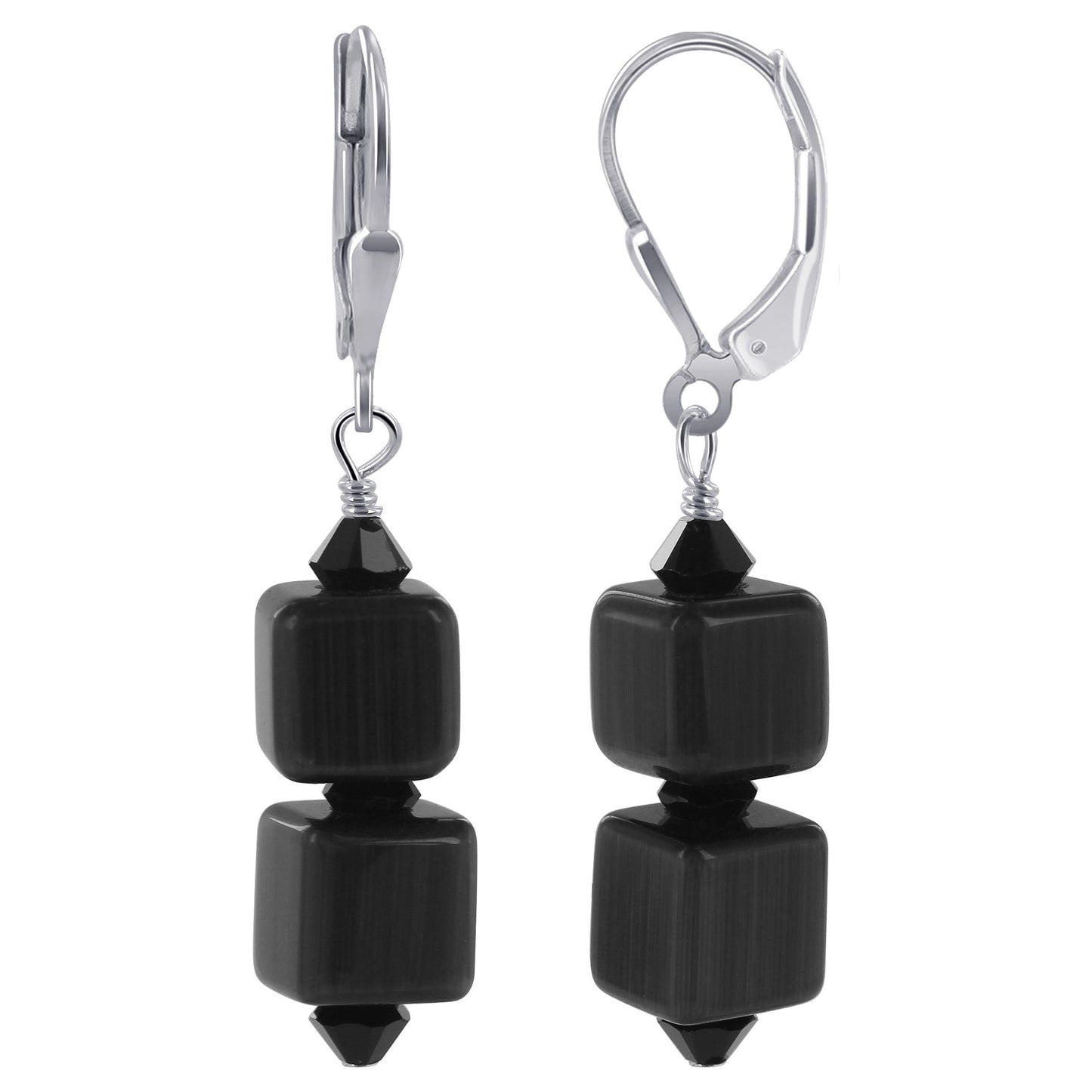 .925 Sterling Silver Drop Earrings with Cat's Eye Cube and Austrian Crystals