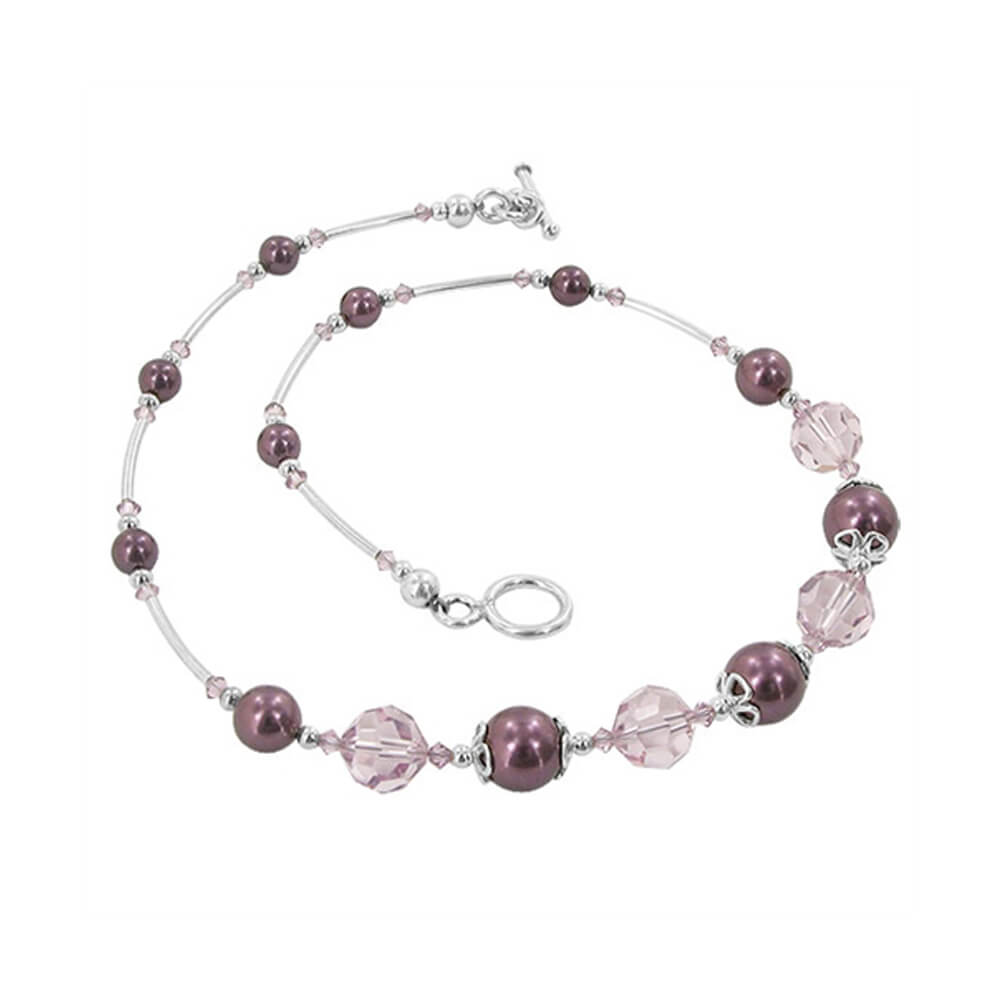 Brown Simulated Pearl & Austrian Crystals 925 Sterling Silver Necklace - Gem Avenue