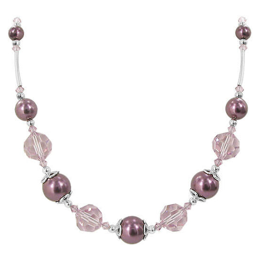 Brown Simulated Pearl & Austrian Crystals 925 Sterling Silver Necklace - Gem Avenue