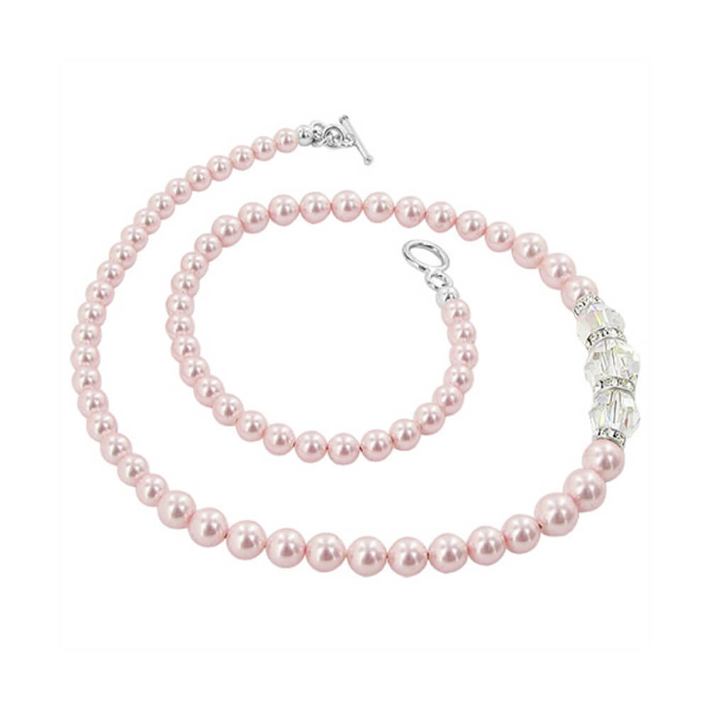 Pink Simulated Pearl Austrian Crystals 925 Sterling Silver Necklace - Gem Avenue