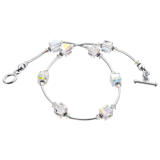 Aurora Borealis Cube Clear Austrian Crystals 925 Sterling Silver Necklace - Gem Avenue