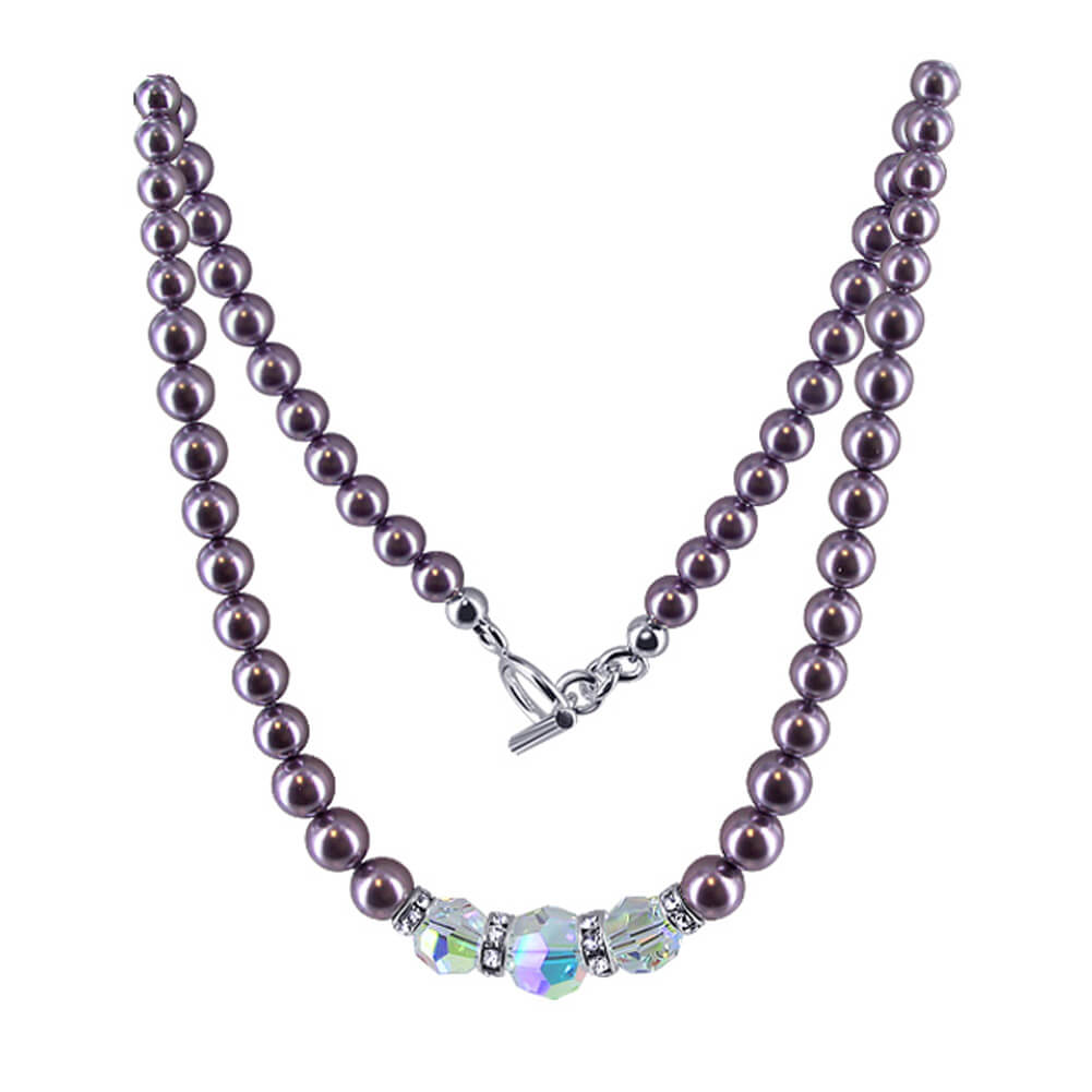 Purple Simulated Pearl & Austrian Crystals 925 Sterling Silver Necklace - Gem Avenue