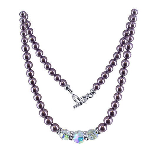 Purple Simulated Pearl & Austrian Crystals 925 Sterling Silver Necklace - Gem Avenue