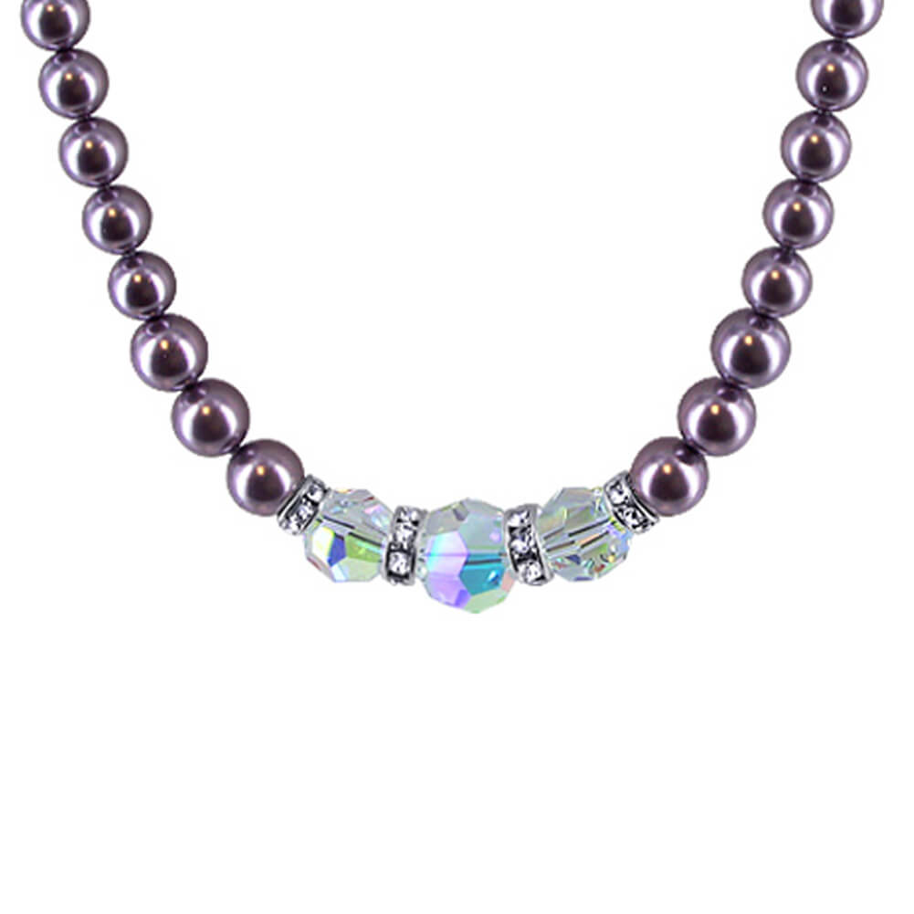 Purple Simulated Pearl & Austrian Crystals 925 Sterling Silver Necklace - Gem Avenue