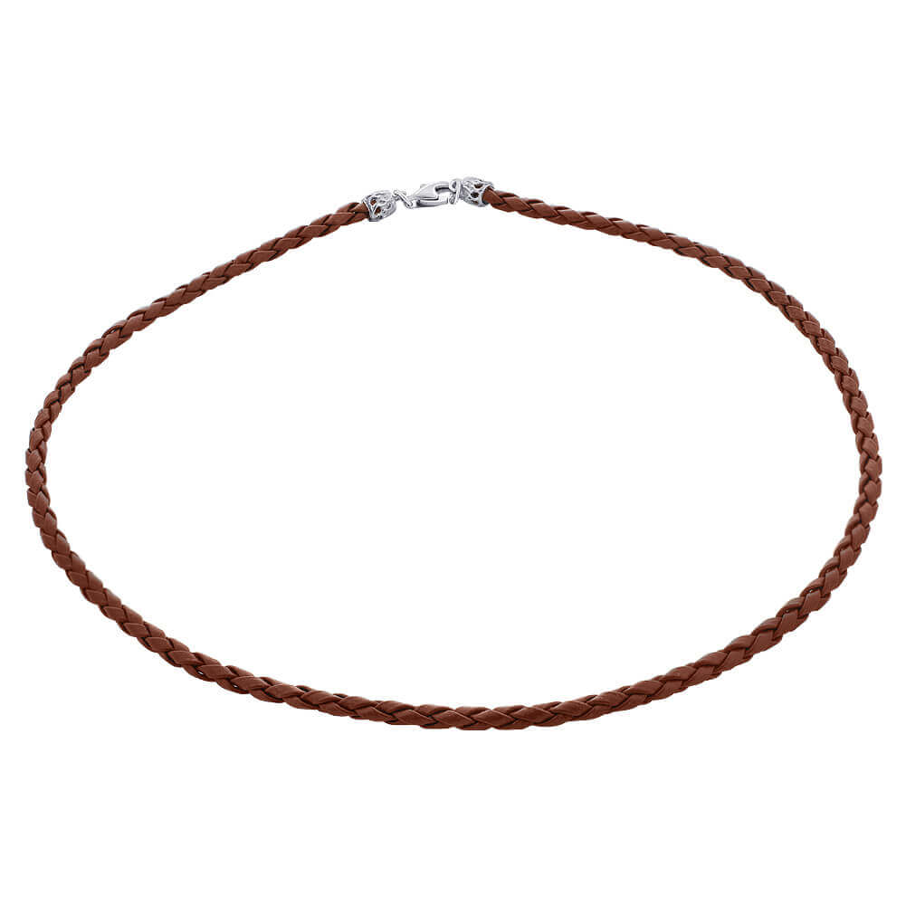 Brown Braided Leather Cord 925 Sterling Silver Necklace - Gem Avenue