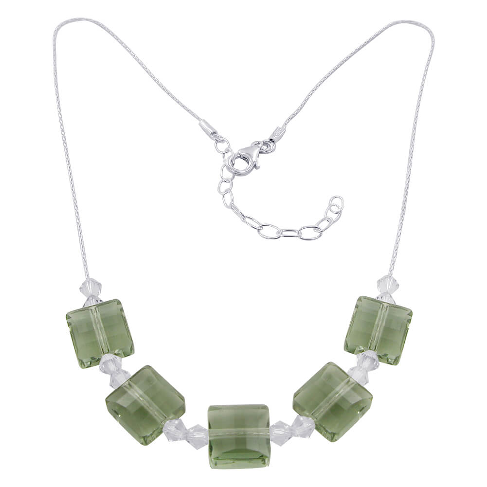 Square Green Austrian Crystals 925 Sterling Silver Necklace - Gem Avenue