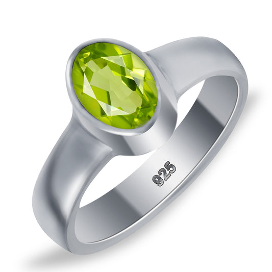 9mm x 7mm Oval Peridot Gemstone Solitaire Ring in .925 Sterling Silver