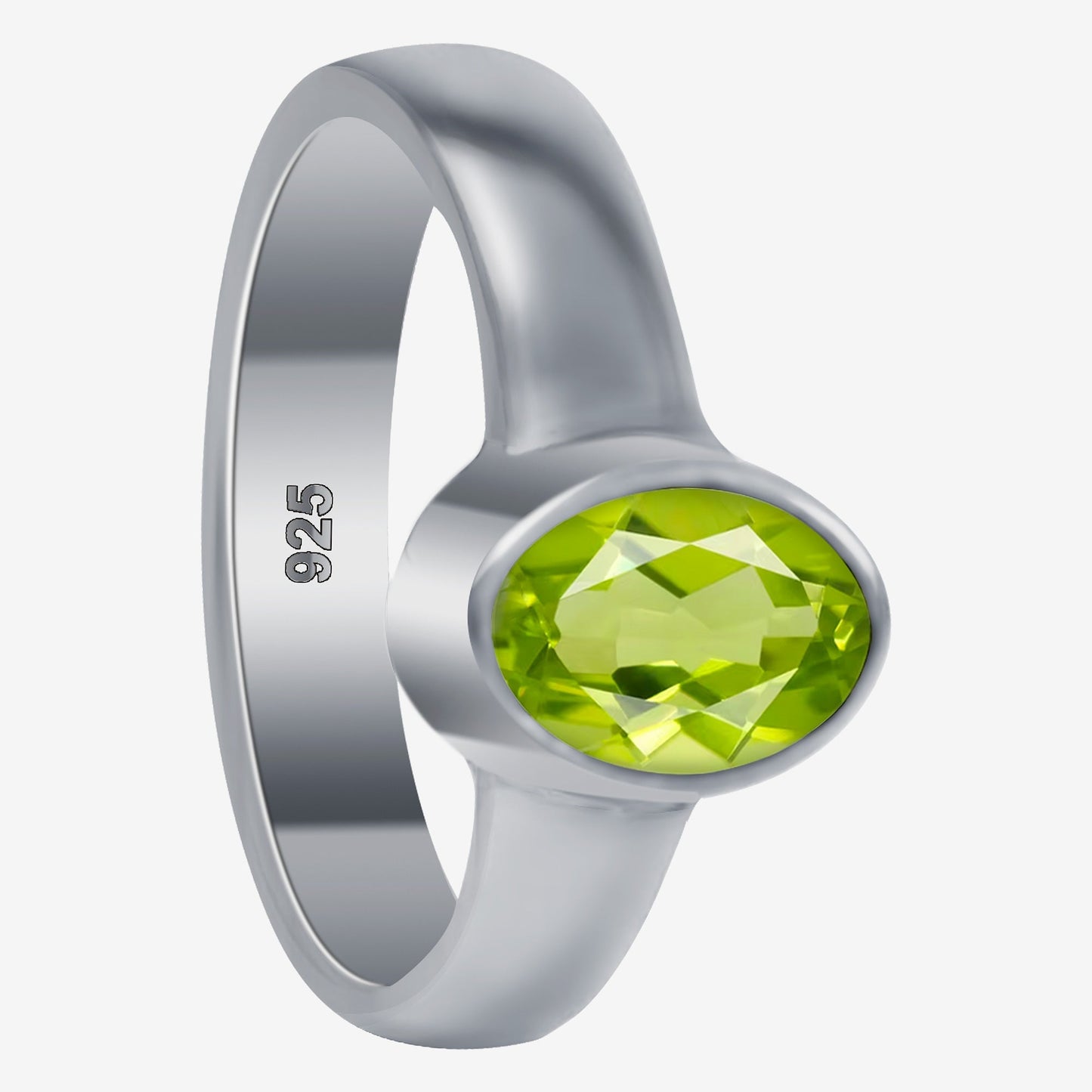 9mm x 7mm Oval Peridot Gemstone Solitaire Ring in .925 Sterling Silver