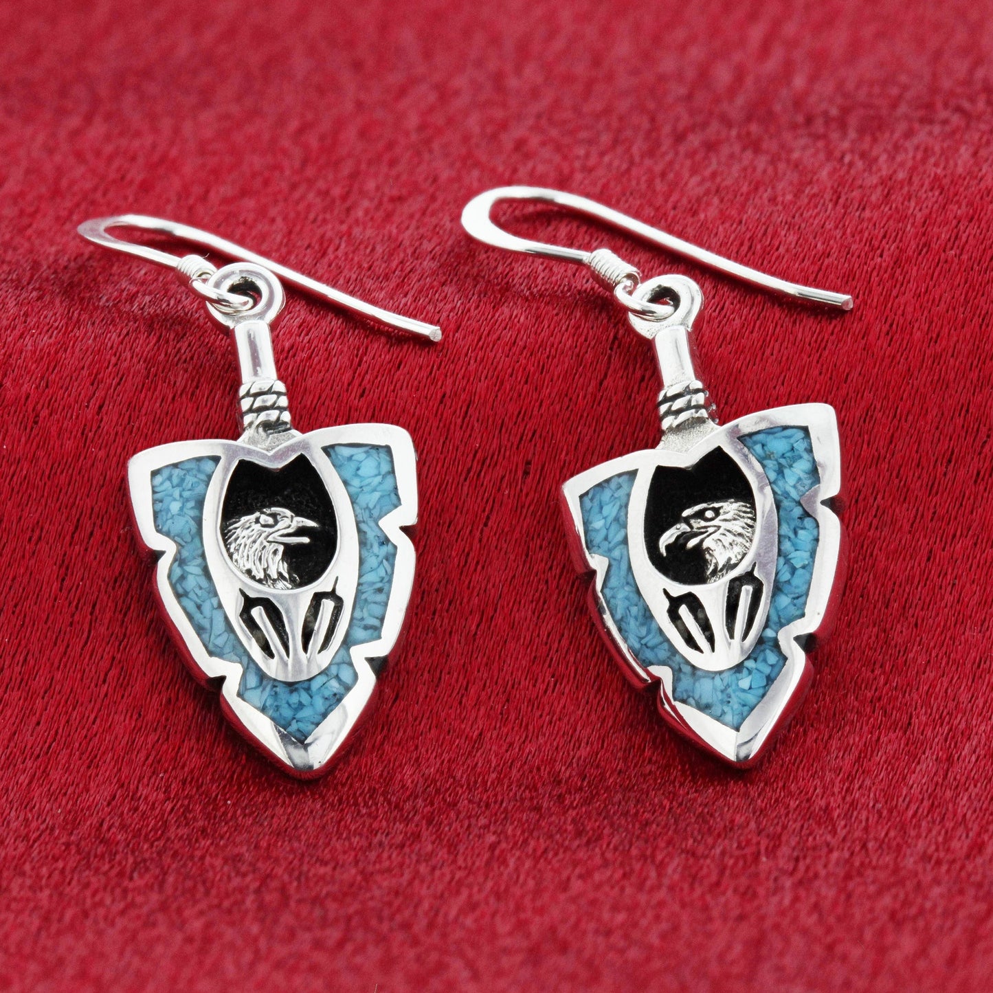 .925 Silver Hoop Shape Drop Earrings with Turquoise and Coral Inlay