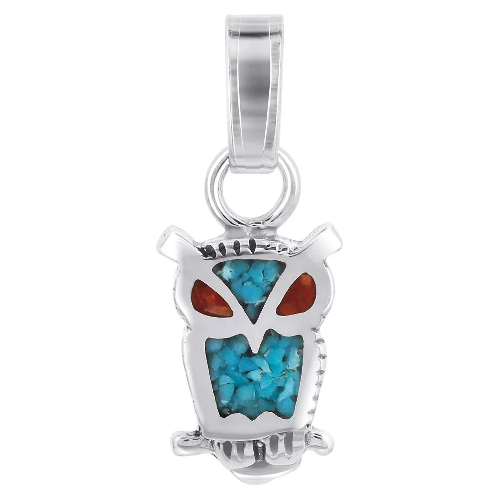 Turquoise and Coral Gemstone .925 Sterling Silver Southwestern Owl Pendant