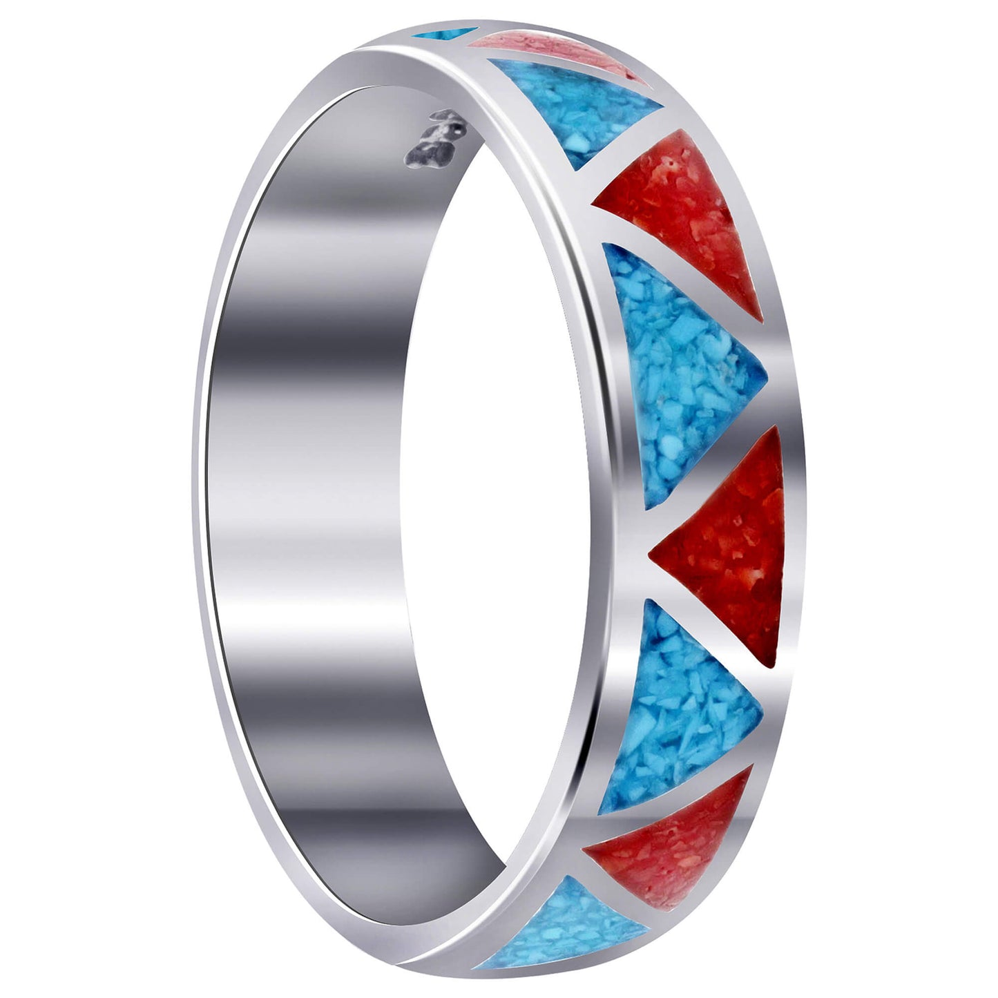Unisex 6mm turquoise and coral silver wedding band, Southwestern style, perfect for weddings, anniversaries, daily wear, and unique artisan jewelry lovers.
