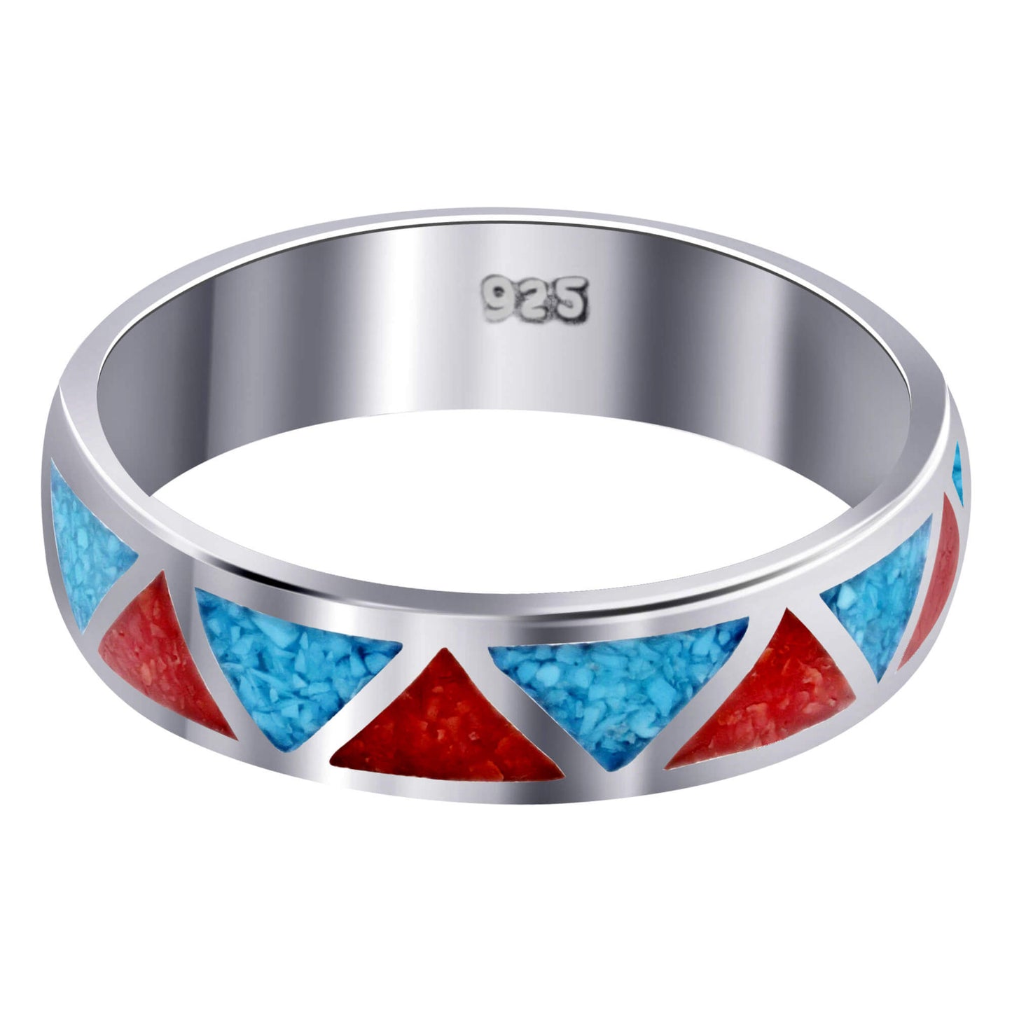 Unisex 6mm turquoise and coral silver wedding band, Southwestern style, perfect for weddings, anniversaries, daily wear, and unique artisan jewelry lovers.