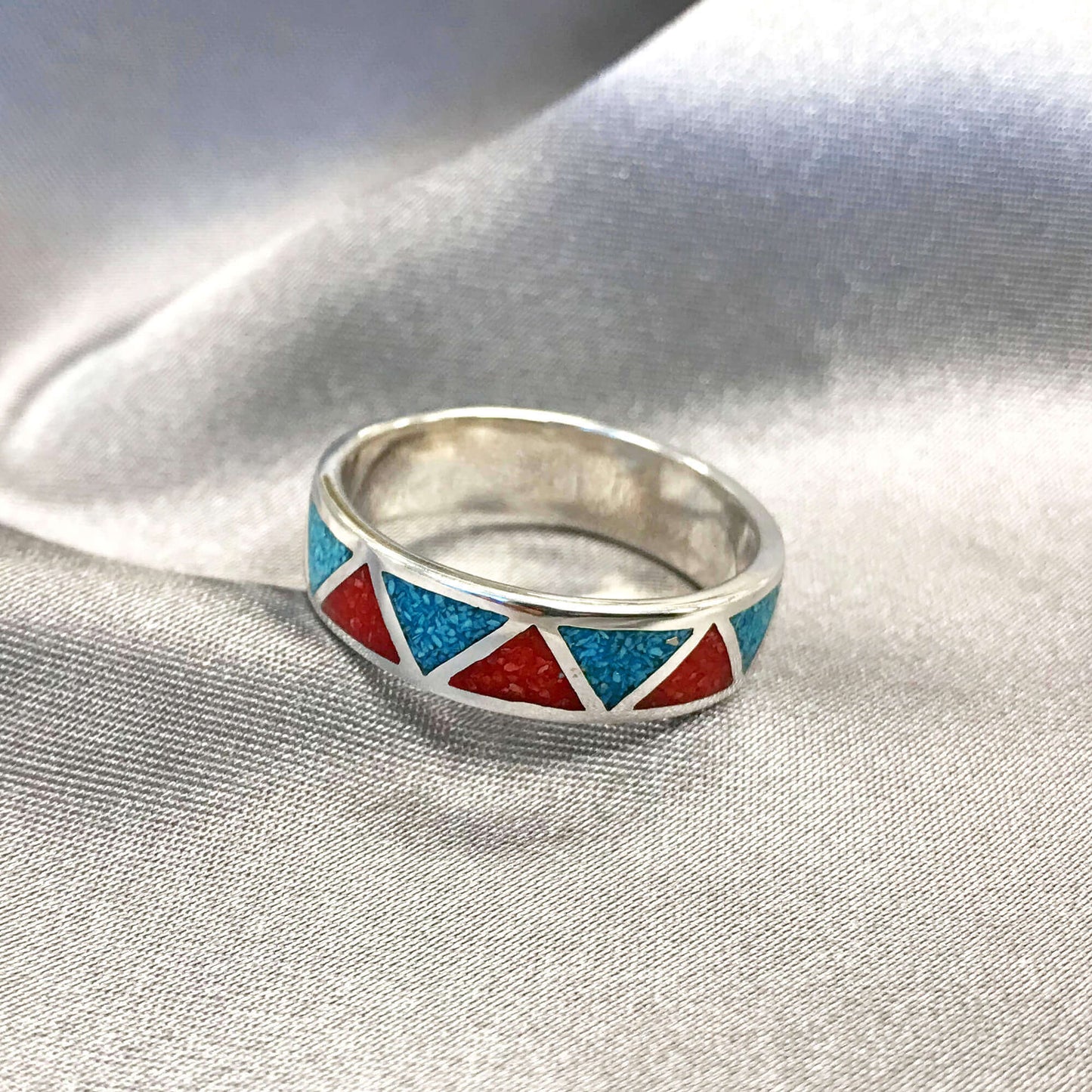 Unisex 6mm turquoise and coral silver wedding band, Southwestern style, perfect for weddings, anniversaries, daily wear, and unique artisan jewelry lovers.