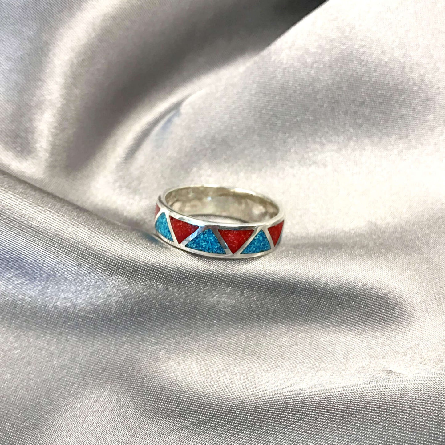Unisex 6mm turquoise and coral silver wedding band, Southwestern style, perfect for weddings, anniversaries, daily wear, and unique artisan jewelry lovers.