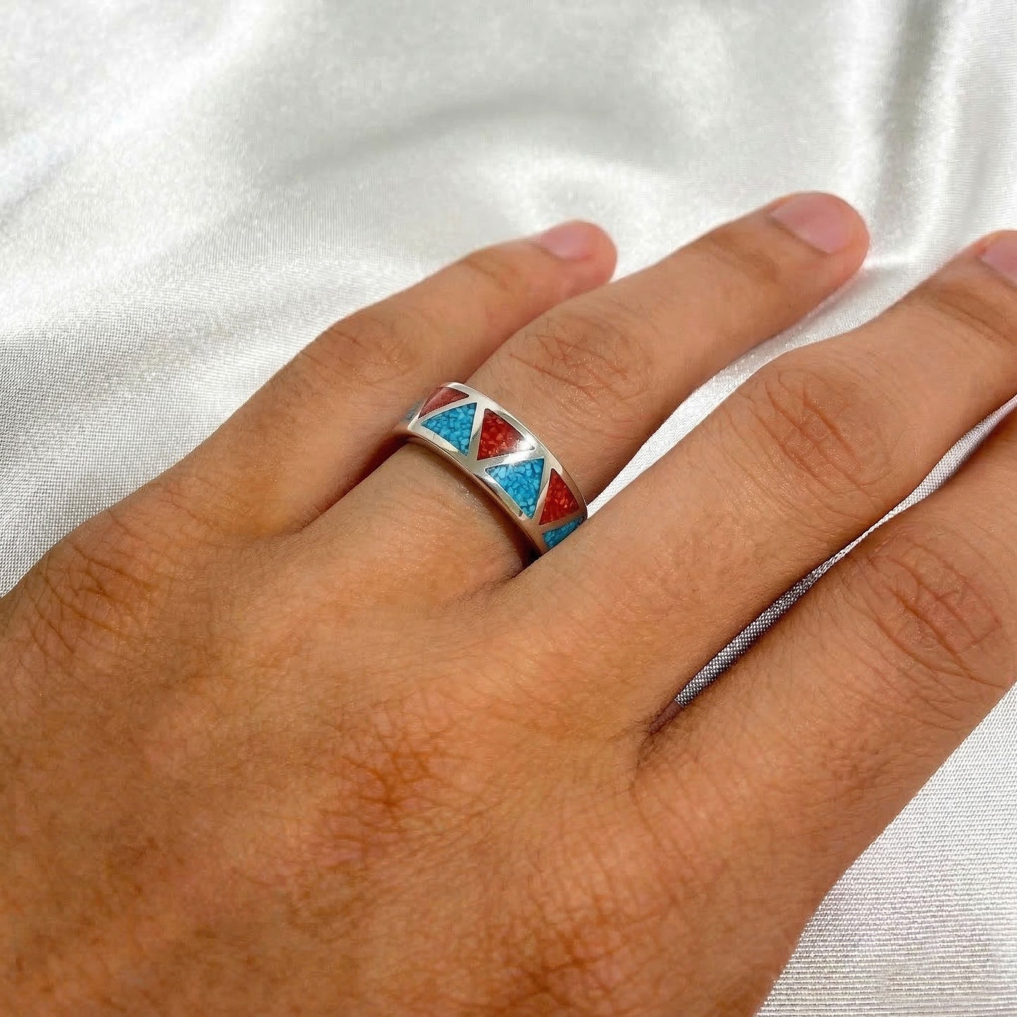 Unisex 6mm turquoise and coral silver wedding band, Southwestern style, perfect for weddings, anniversaries, daily wear, and unique artisan jewelry lovers.