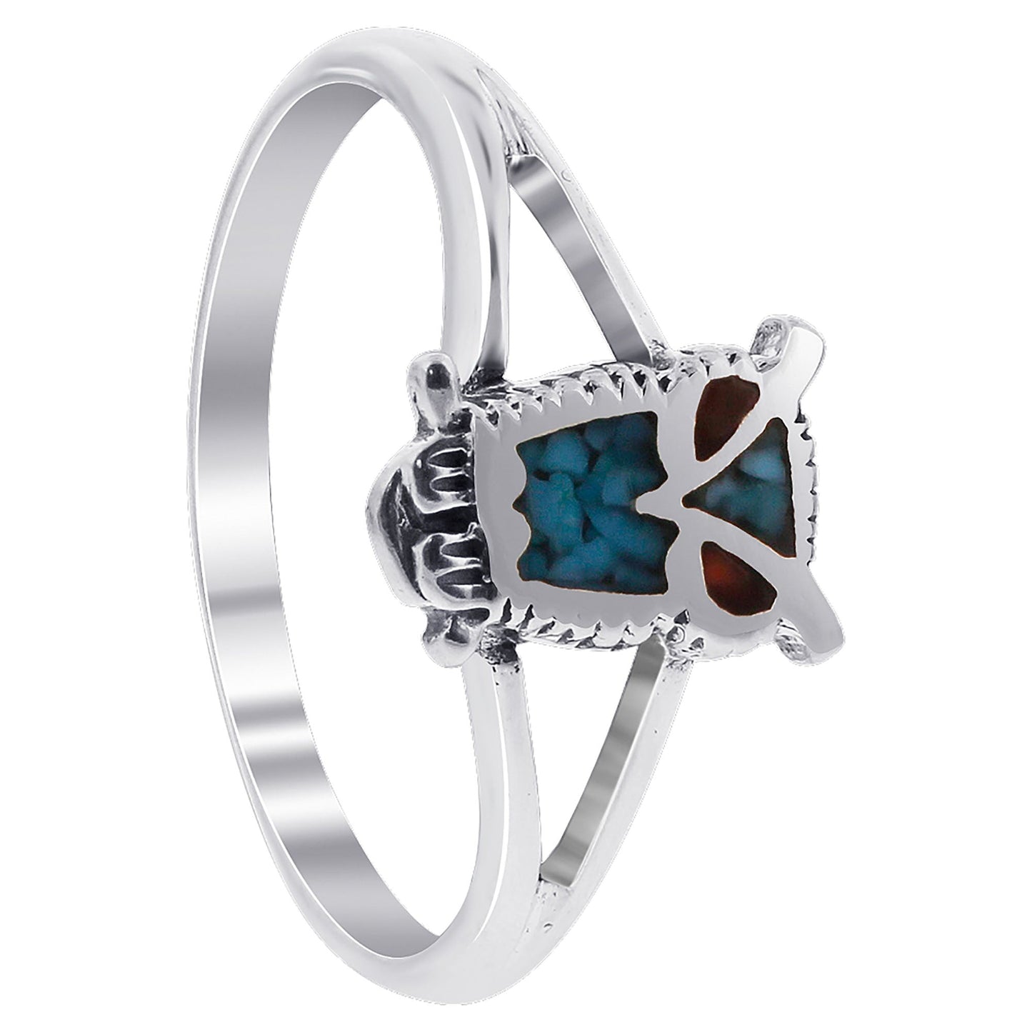 Turquoise and Coral Gemstone Owl 925 Sterling Silver Ring for Women