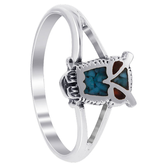 Turquoise and Coral Gemstone Owl 925 Sterling Silver Ring for Women