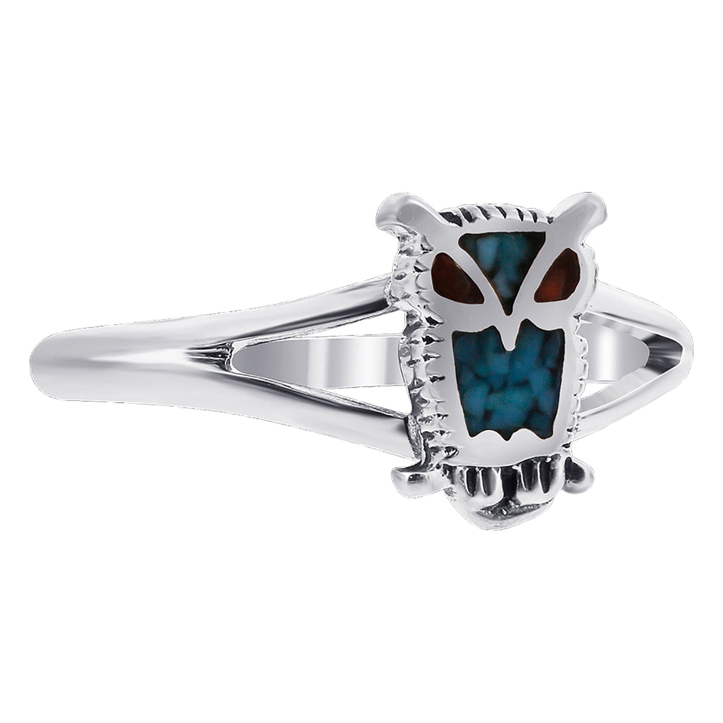 Turquoise and Coral Gemstone Owl 925 Sterling Silver Ring for Women