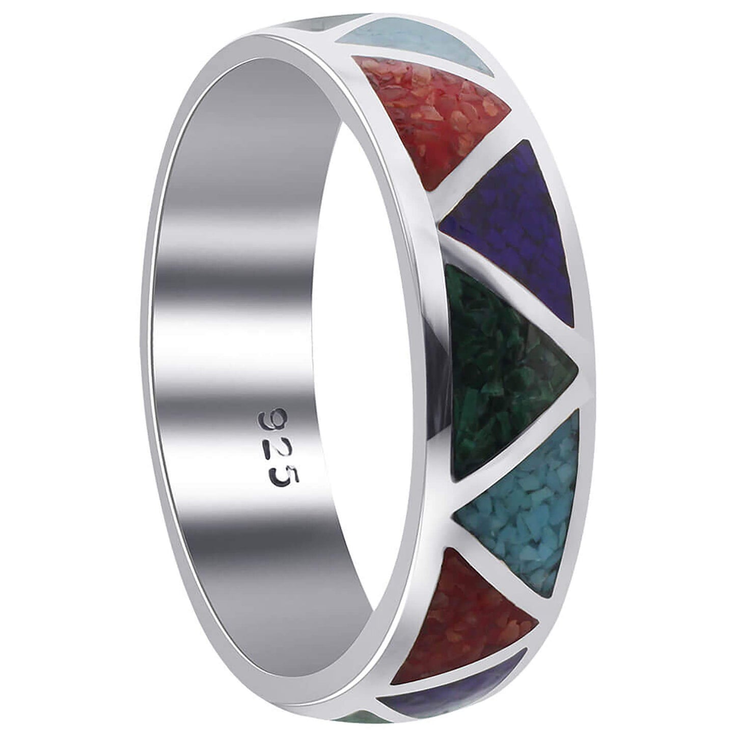 Multi Gemstone Southwestern Style 925 Silver 6mm Wedding Band