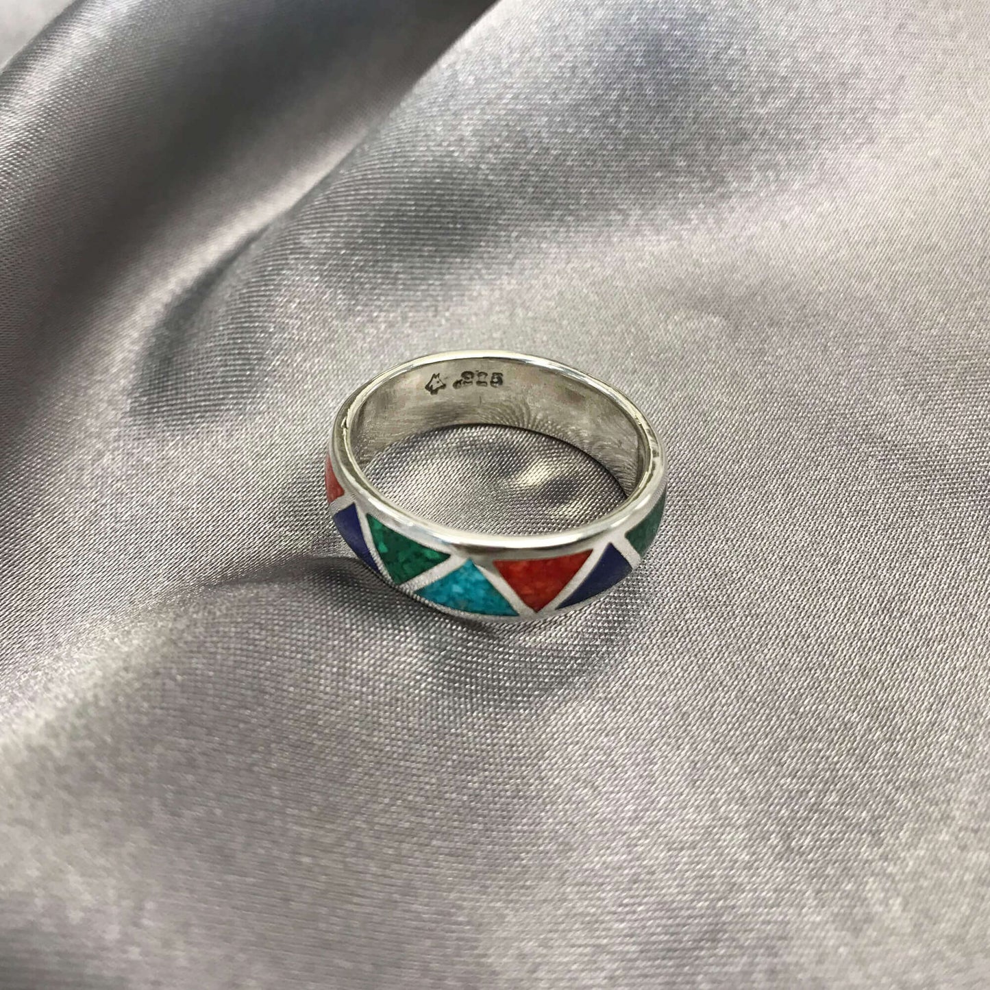 Multi Gemstone Southwestern Style 925 Silver 6mm Wedding Band