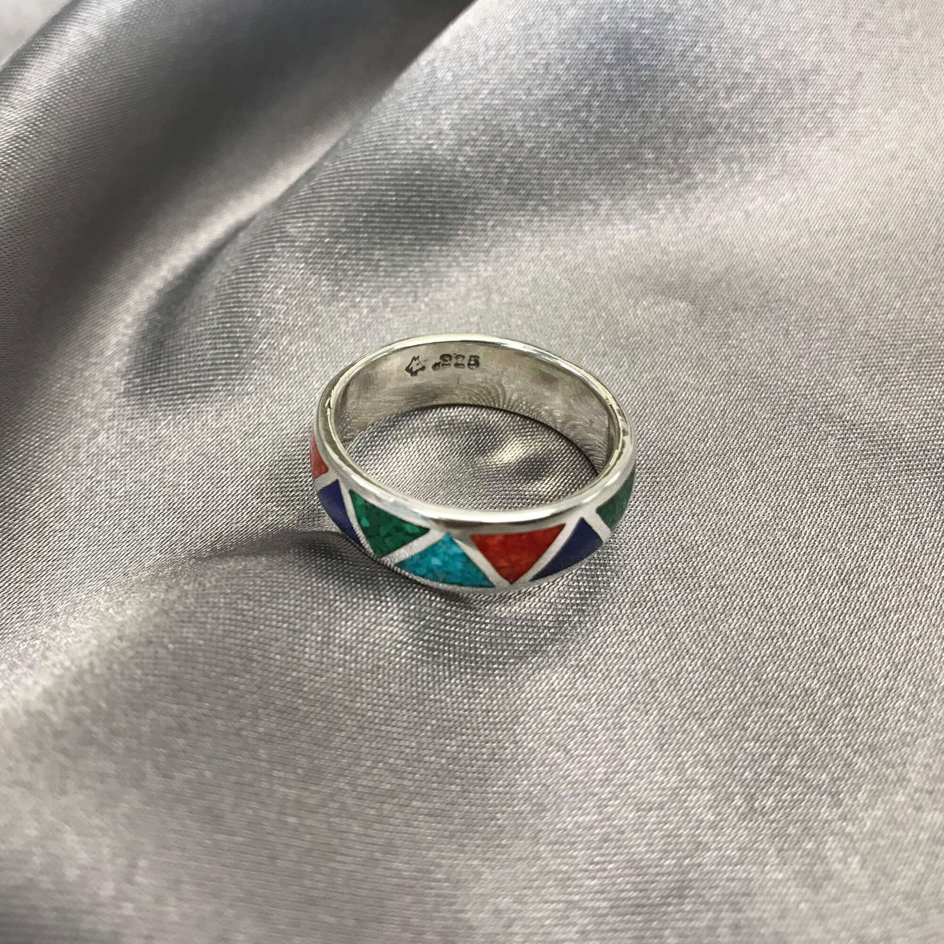 Multi Gemstone Southwestern Style 925 Silver 6mm Wedding Band