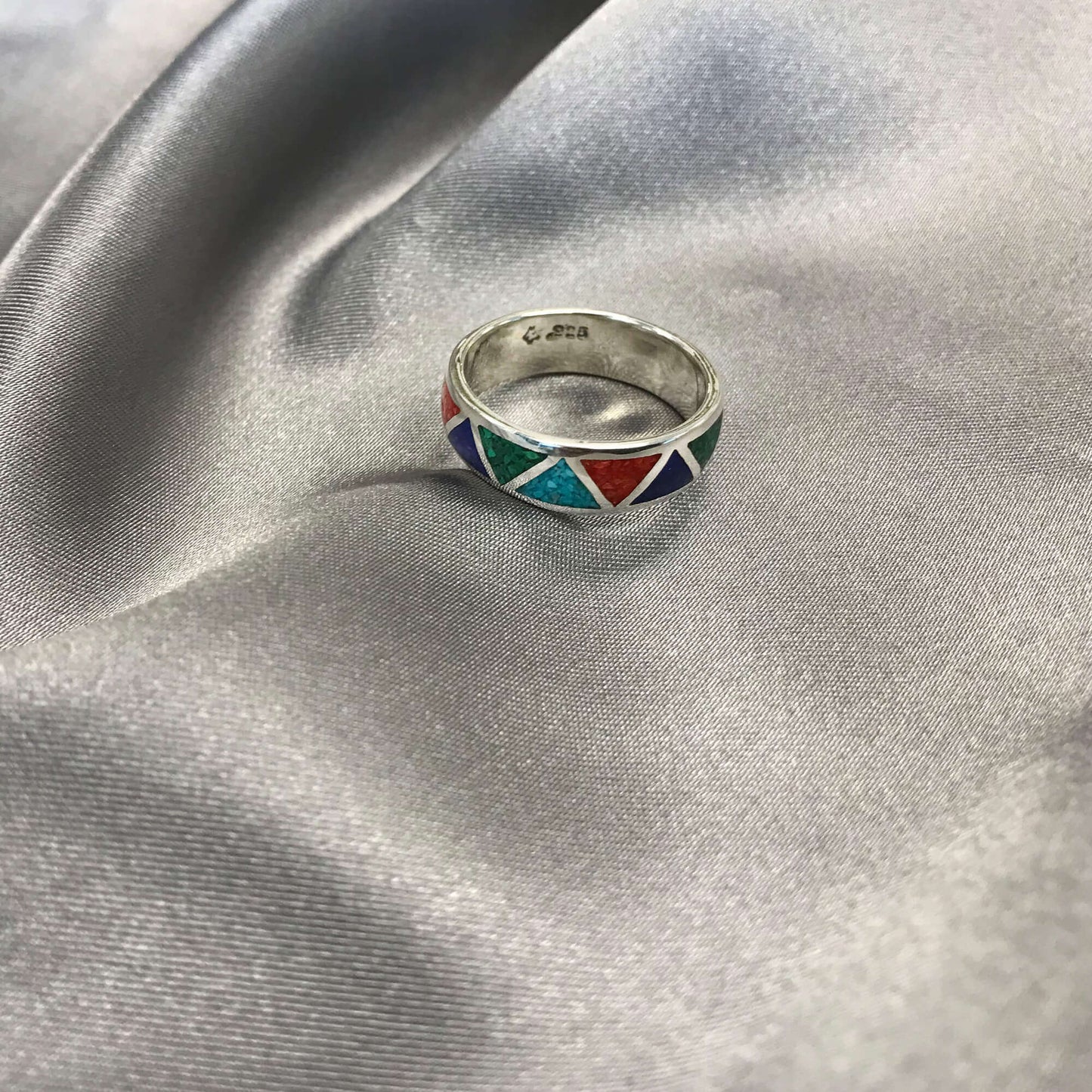 Multi Gemstone Southwestern Style 925 Silver 6mm Wedding Band