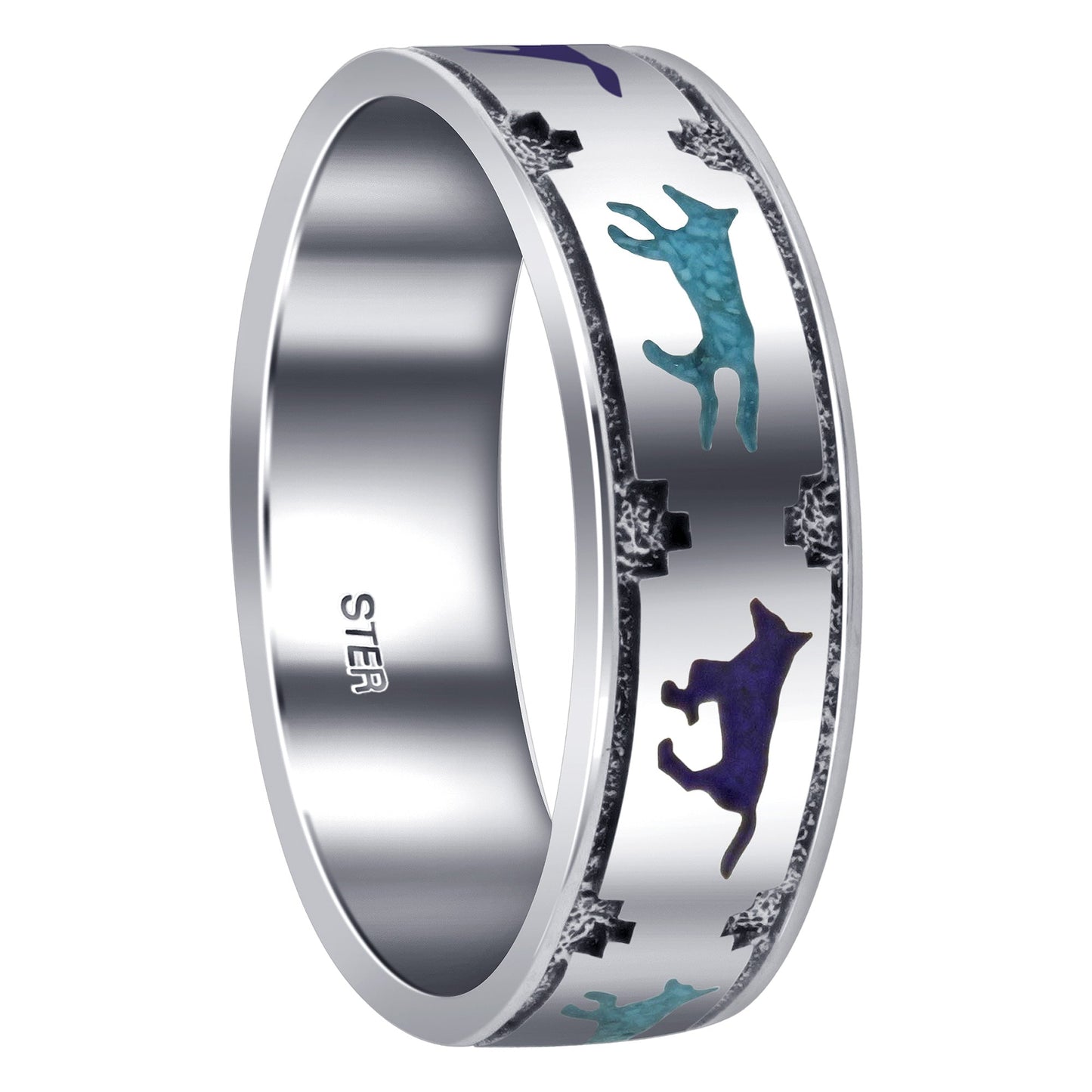 925 Sterling Silver Wolf Ring Stunning Southwestern Turquoise & Lapis 7mm Band for Men & Women