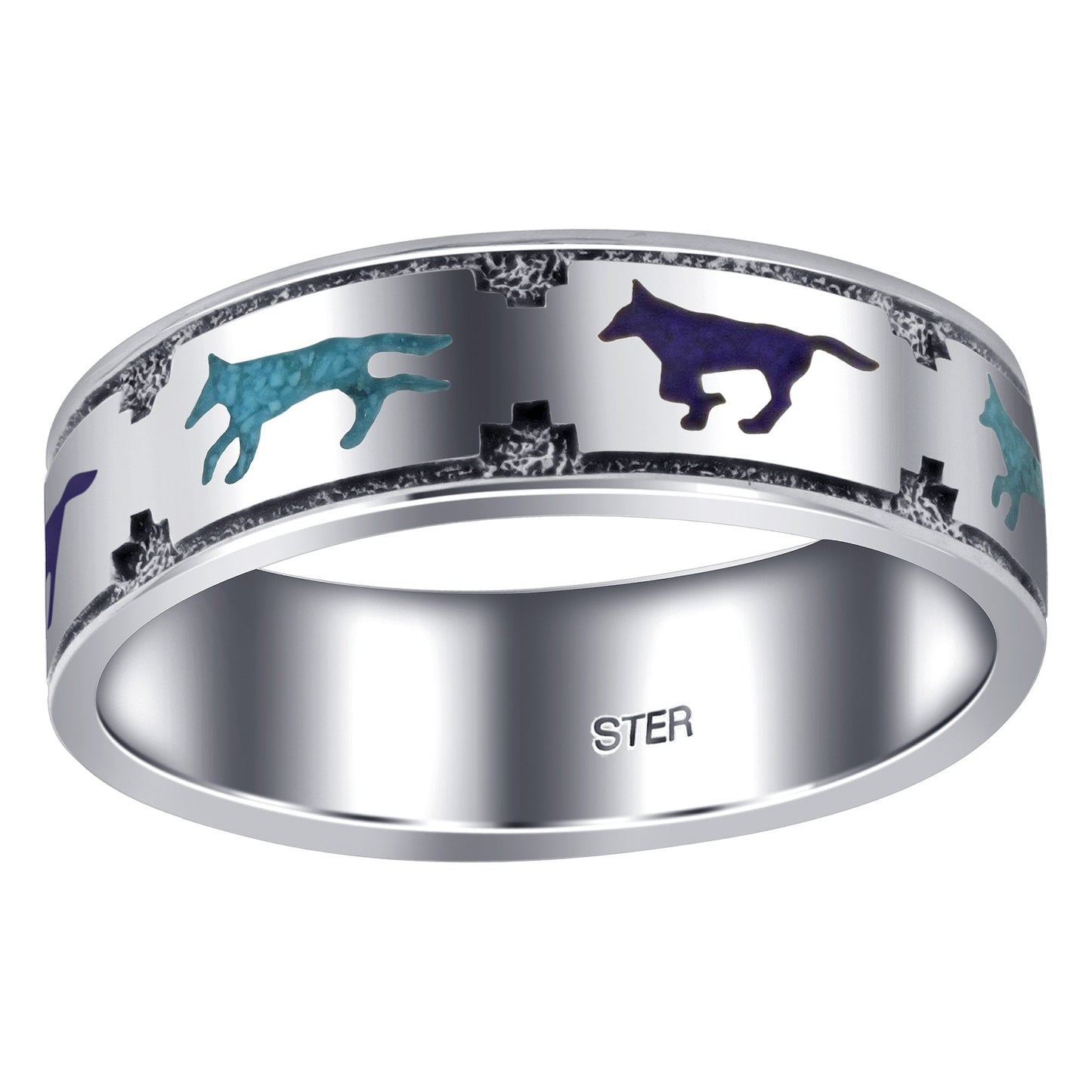 925 Sterling Silver Wolf Ring Stunning Southwestern Turquoise & Lapis 7mm Band for Men & Women