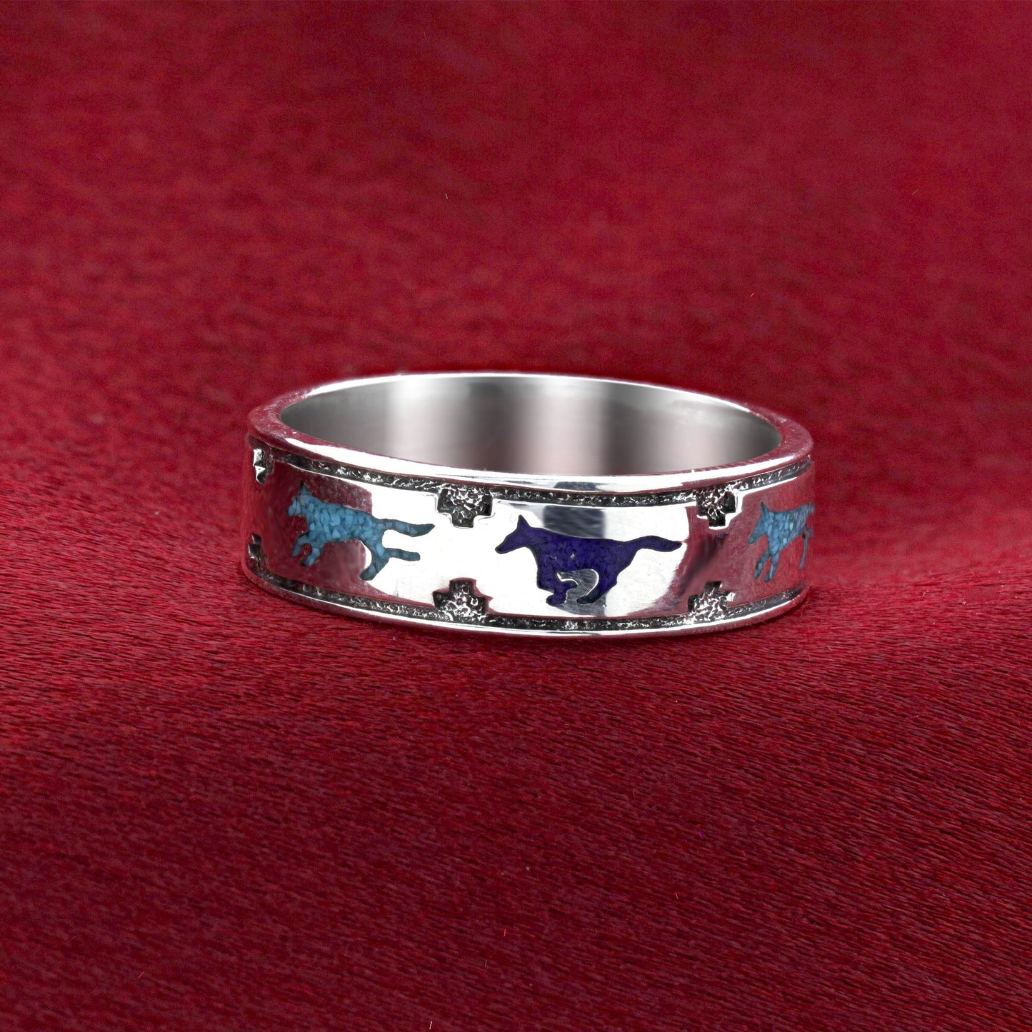 925 Sterling Silver Wolf Ring Stunning Southwestern Turquoise & Lapis 7mm Band for Men & Women