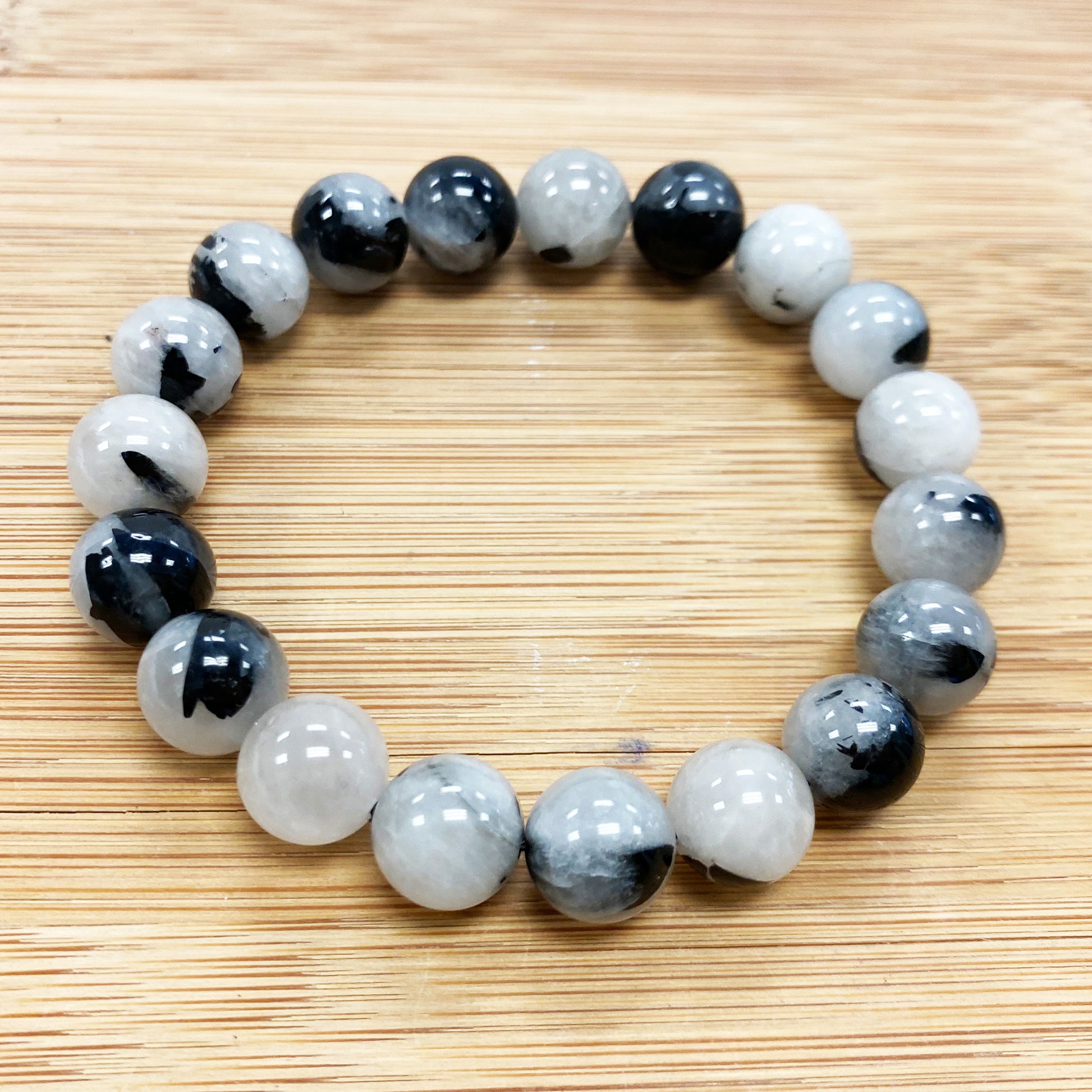 Black Rutilated Quartz Gemstone Bead Unisex Stretch Bracelet - Gem Avenue