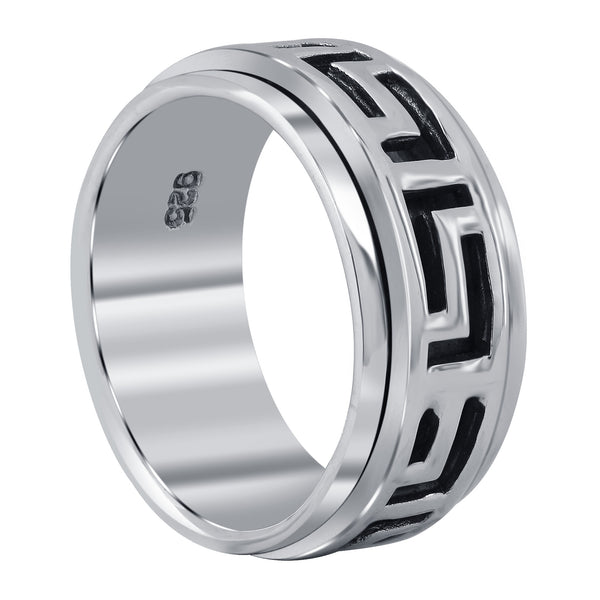 Greek Key Titanium Ring with Silver Inlay