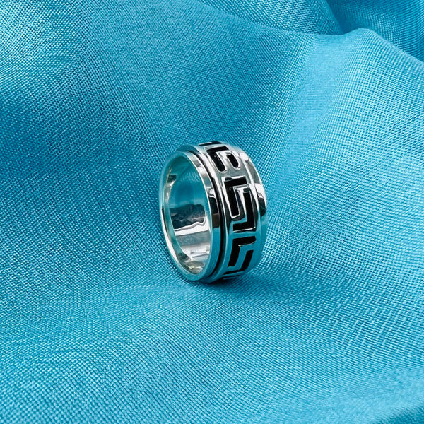 Greek Key Titanium Ring with Silver Inlay