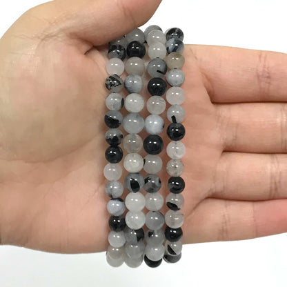 Black Rutilated Quartz Gemstone Bead Unisex Stretch Bracelet - Gem Avenue