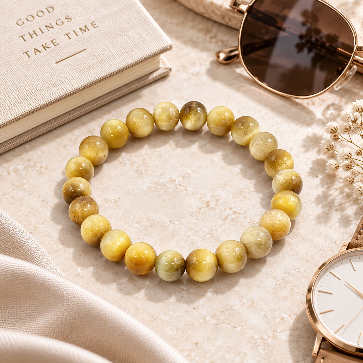 Gold Tiger Eye Bracelet 8mm Natural Gemstone Round Bead Stretch Handmade Unisex Crystal Jewelry Gift