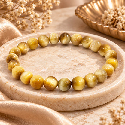 Gold Tiger Eye Bracelet 8mm Natural Gemstone Round Bead Stretch Handmade Unisex Crystal Jewelry Gift