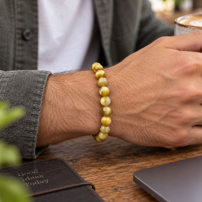 Gold Tiger Eye Bracelet 8mm Natural Gemstone Round Bead Stretch Handmade Unisex Crystal Jewelry Gift