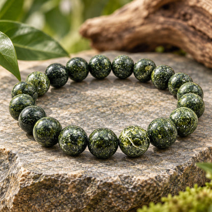 Natural Dark Green Serpentine Bracelet 10mm Round Bead Stretch 8 Inch Handmade Unisex Gemstone Jewelry