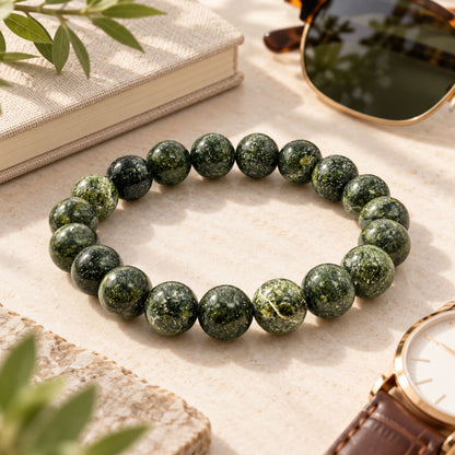 Natural Dark Green Serpentine Bracelet 10mm Round Bead Stretch 8 Inch Handmade Unisex Gemstone Jewelry