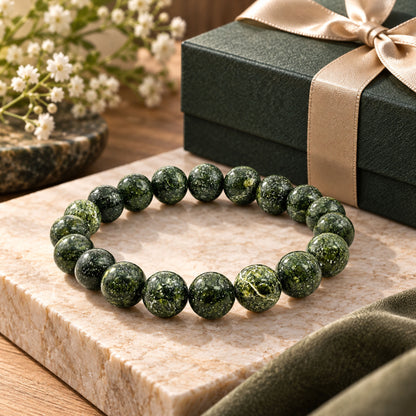 Natural Dark Green Serpentine Bracelet 10mm Round Bead Stretch 8 Inch Handmade Unisex Gemstone Jewelry