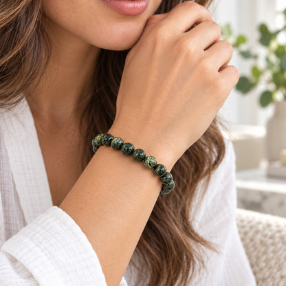 Natural Dark Green Serpentine Bracelet 10mm Round Bead Stretch 8 Inch Handmade Unisex Gemstone Jewelry