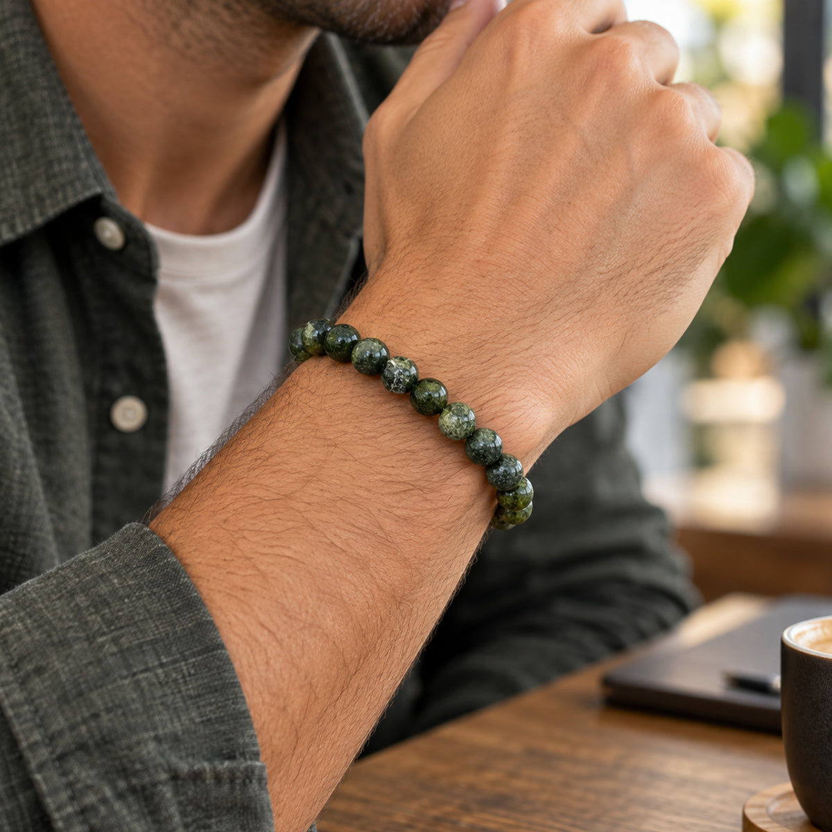 Natural Dark Green Serpentine Bracelet 10mm Round Bead Stretch 8 Inch Handmade Unisex Gemstone Jewelry