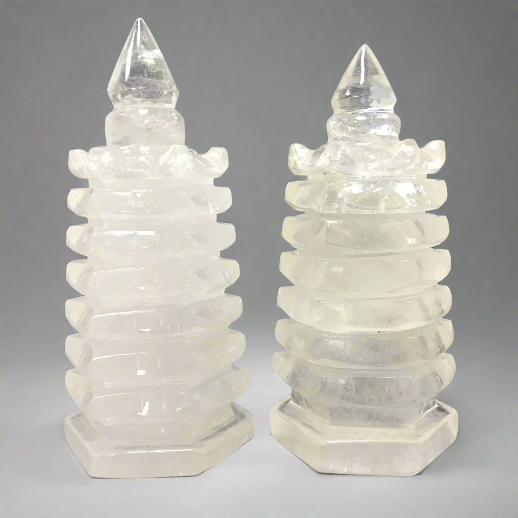 Natural Clear Quartz Crystal Pagoda Towers for Feng Shui Decor & Home Display - 12-0023