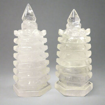 Natural Clear Quartz Crystal Pagoda Towers for Feng Shui Decor & Home Display - 12-0023