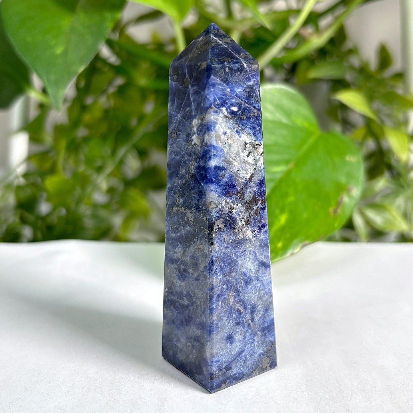 Polished Natural Sodalite Crystal Obelisk Tower Point for Home Décor, Energy Focus, Balance, and Aesthetic Display - 12-0160