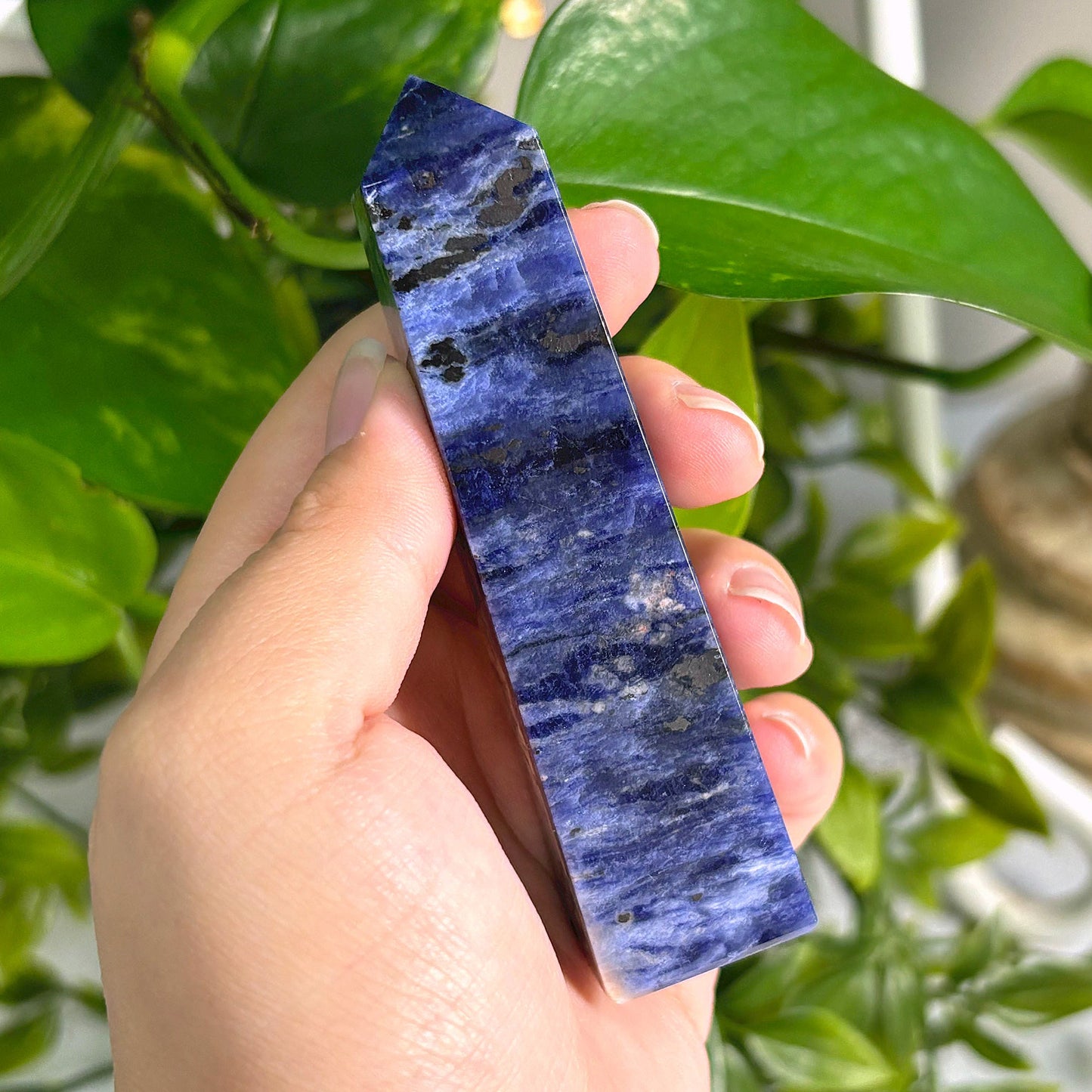 Polished Natural Sodalite Crystal Obelisk Tower Point for Home Décor, Energy Focus, Balance, and Aesthetic Display - 12-0160