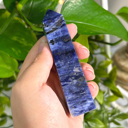 Polished Natural Sodalite Crystal Obelisk Tower Point for Home Décor, Energy Focus, Balance, and Aesthetic Display - 12-0160